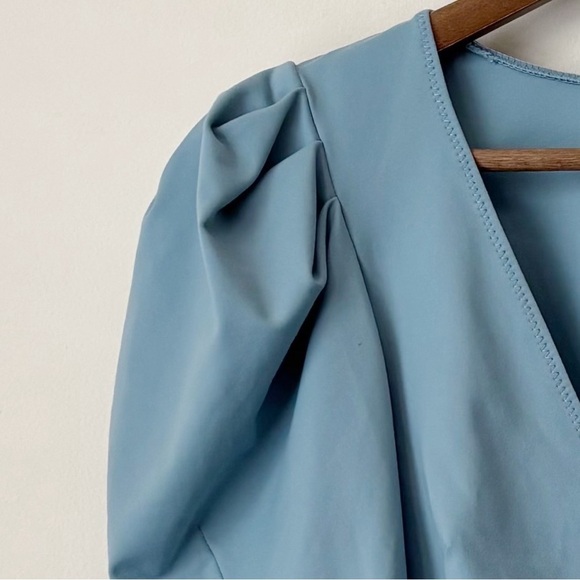 Free People Va Va Voop Bodysuit Medium Puff Sleeve Sky Blue NEW NWT - Picture 4 of 10